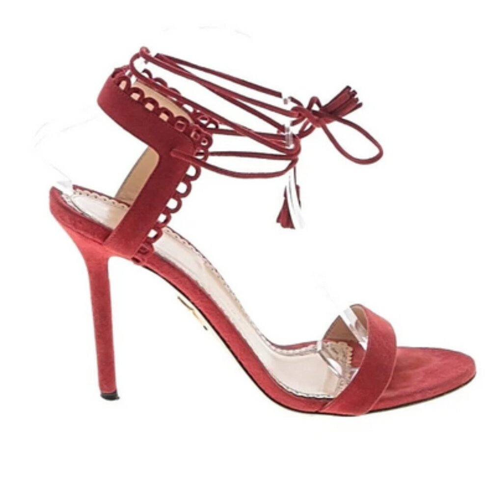 ❤️ Charlotte Olympia Red Suede Fringe Tie Stiletto Heels Size 38.5